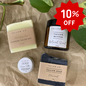 Promotional image of Tallow Co. products, including a shampoo bar, tallow butter, lip balm, and charcoal soap, displayed on a craft paper background with a red '10% OFF' sticker.